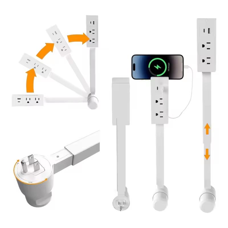Retractable Socket Rotates Electrical Outlet Extender Charging Extension Power Socket Strip Adjustable Length for Nightstands