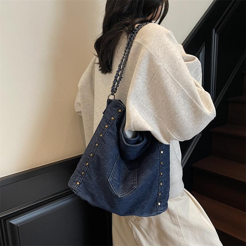 New denim cloth pocket satchel Japanese and Korean casual simple daily commute large-capacity shoulder bag