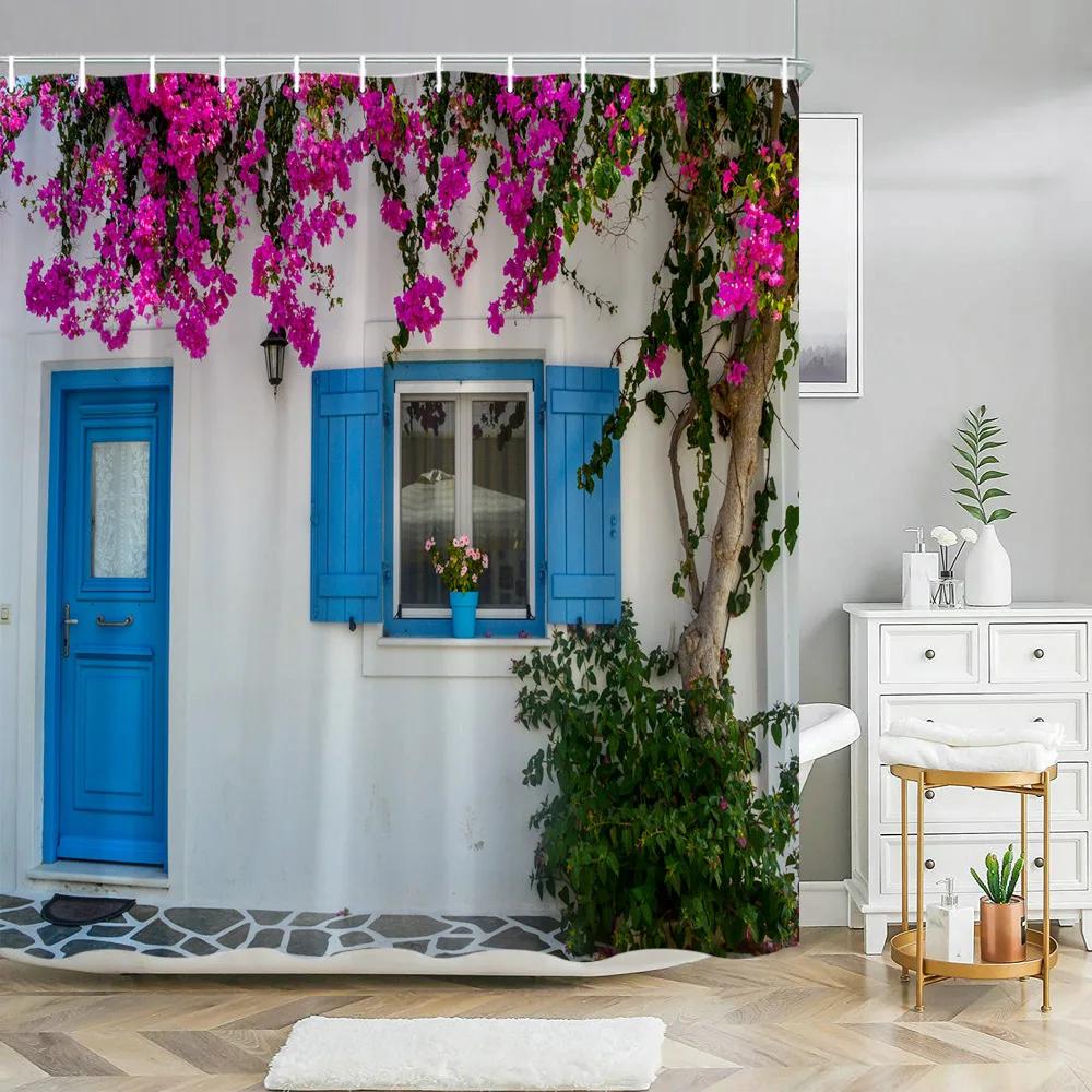 Greek Town Street View Shower Curtain Blue Wooden Doors Windows Flower Plant Wall Decor Bathroom Hanging Curtains Set With Hooks