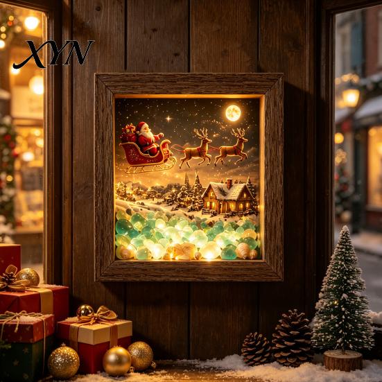 Winter Snow Scene Decoration Christmas Sea Glass Shadow Box Night Light, 3D Wooden Seasonal Shelf Display Art Frame with LED Warm Glow, Landscape