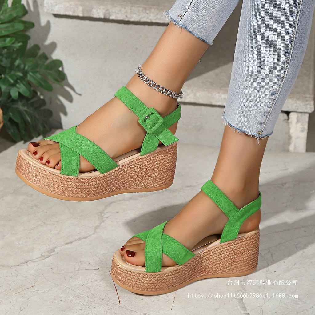 Sandals women's foreign trade large size 2025 summer new muffin wedge heel platform sandals suede women's high-heeled sandals