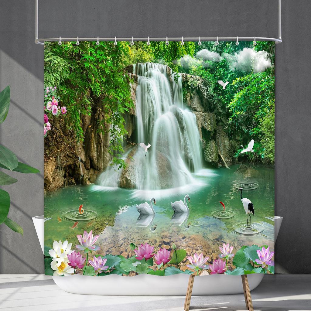 Bathroom Waterproof Curtain Digital Printing Landscape Waterfall Shower Curtain Free Punching Toilet Partition Curtain Shower Cloth