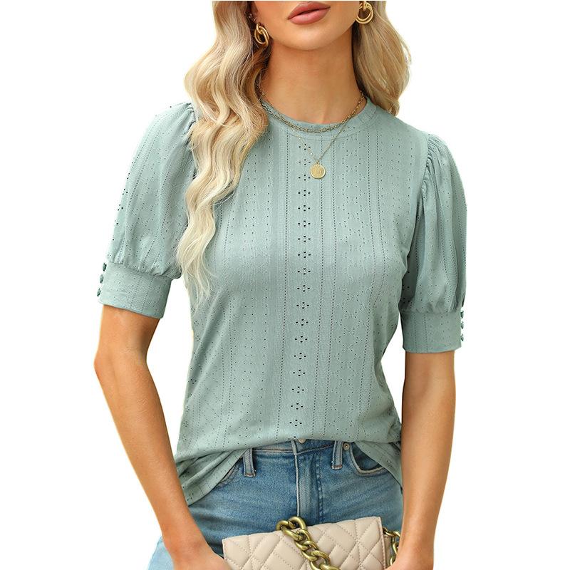 Ladies Summer Button Short Sleeve O Neck Solid Color Hollow Breathable Pullover T Shirt Top