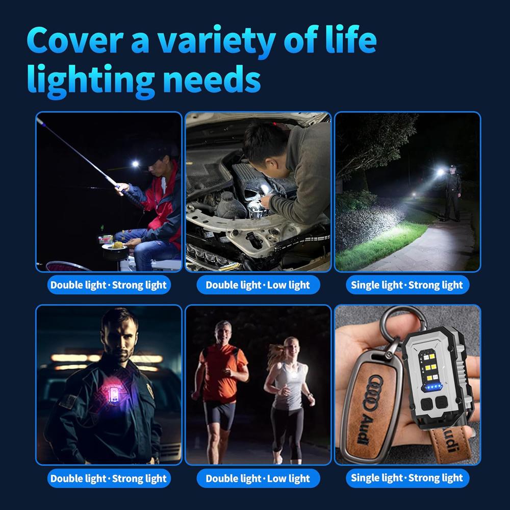 8 Modes Waterproof Mini Keychain Flashlight Magnet USB C Rechargeable EDC 800 High Lumens LED&COB Portable Clip on Flashlights