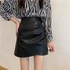 Women's Plus Size Black High-Waist Pleated A-Line Mini Leather Skirt