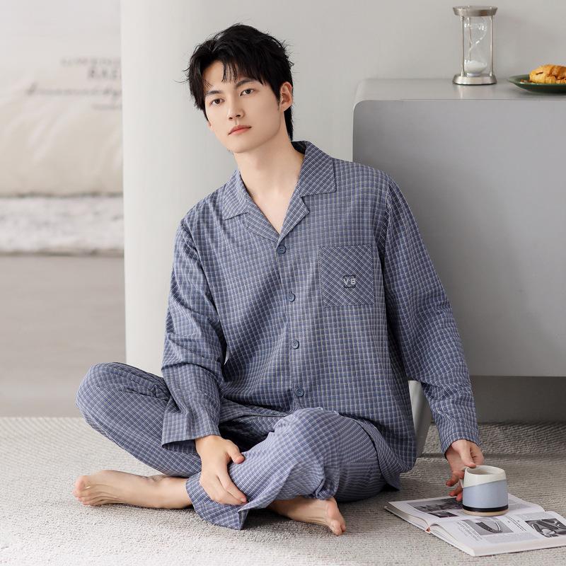 Pajamas Men'S Spring And Autumn Pure Cotton Long-Sleeved Autumn Plaid High-End Sense Can Be Worn Outside Qingzhong Spring Loungewear Suit