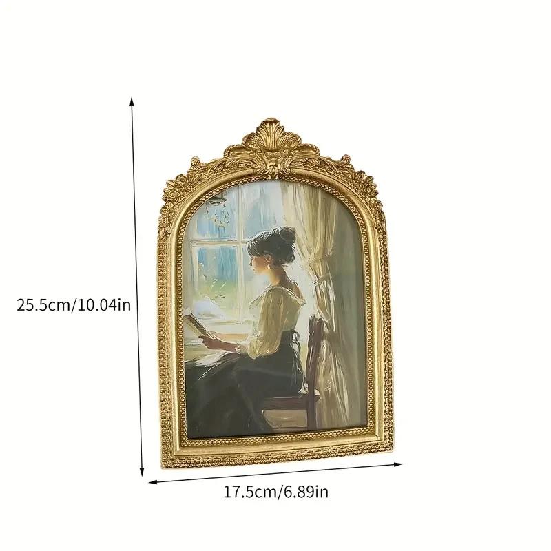 Vintage Gold Decorative Picture Frame, Antique European-Style Desktop Frame with Vintage Artistic Print, for Home Decor