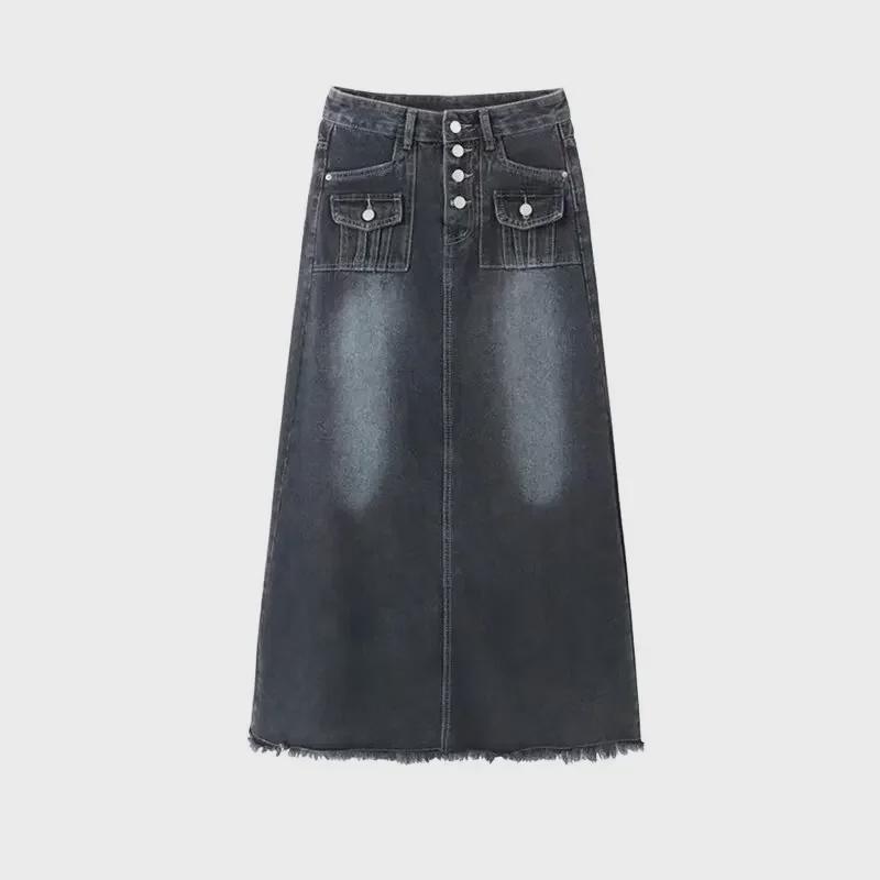 Damen A-Linien Jeansrock mit hohem Bund und offenem Saum - Retro-Design für Frühling/Sommer