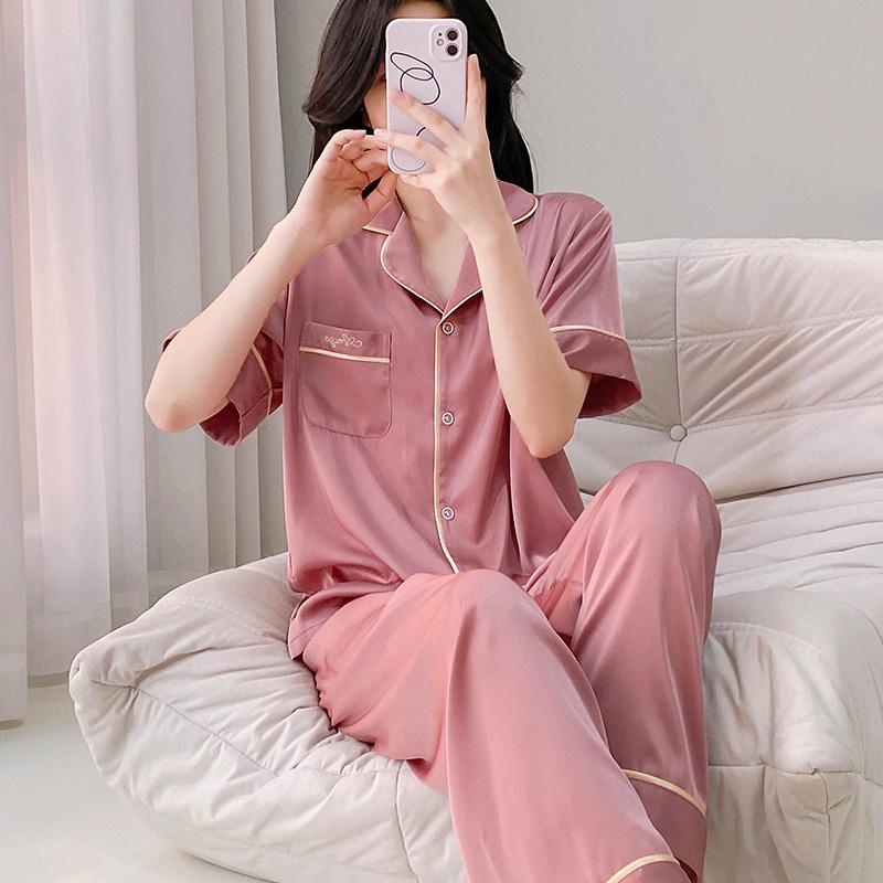 Women's 2025 Ice Silk Pajamas: Summer Thin, Loose Fit, Short Sleeve & Long Pants Set for Spring/Autumn