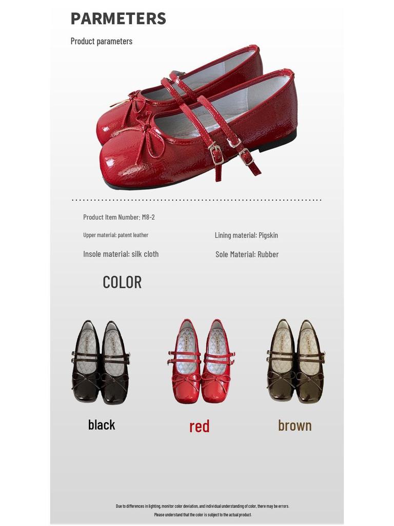 In Stock Rockfish Patent Leather Mary Jane Ballet Flats with Double Strap Bow - Women's Round Toe Low-Cut Shoes