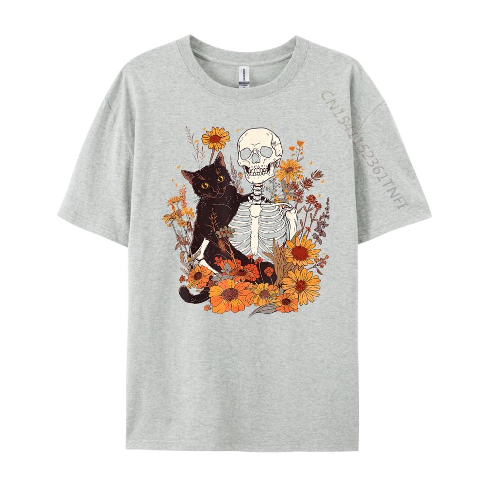 Cat Skeleton Flower Garden Halloween White Graphic Tee Breathable Original Mens TShirts Big And Tall Mothers Day