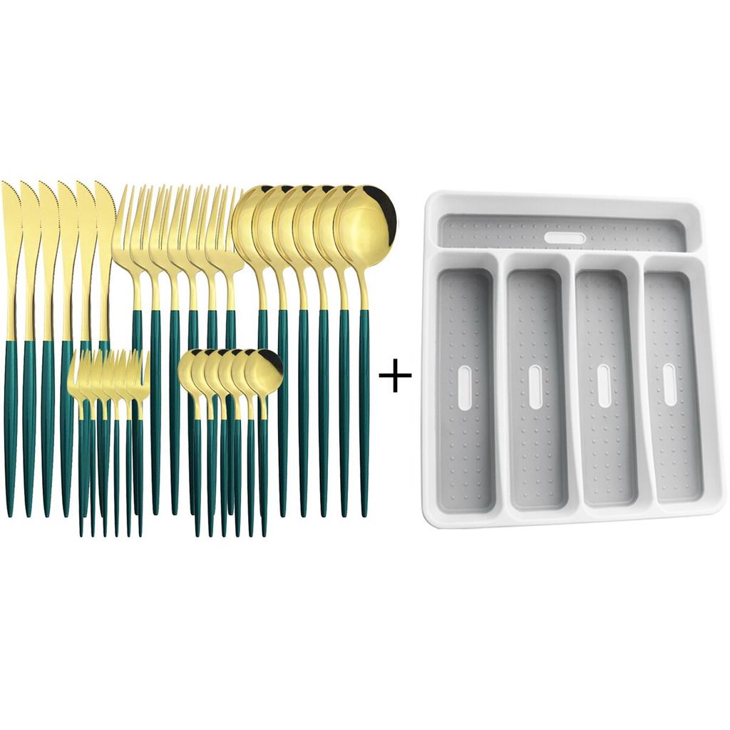 30pcs Gold Dinnerware Set Stainless Steel Tableware Set Knife Cake Fork Spoons Cutlery Set Plastic Storage Tray Kitchen Flatware