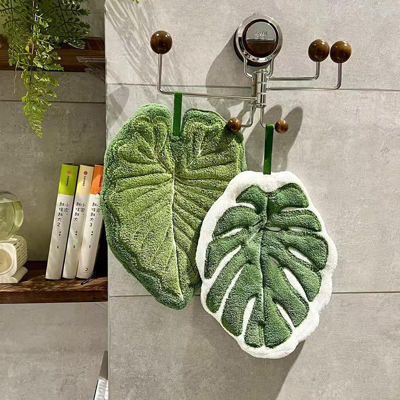 Decorative Leaf Hand Towel Tropical Plants Kitchen Towel Super Absorbent Handkerchief Quick-Dry Bathroom Towel with Hanging Loop