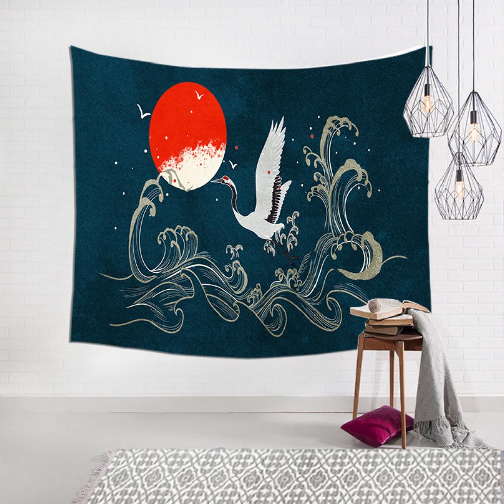 Japanese Ocean Wave Sunset Sun Tapestry Exotic Style Red Crowned Crane Background Bedroom Wall Cloth Room Decoration Painting Hanging Cloth