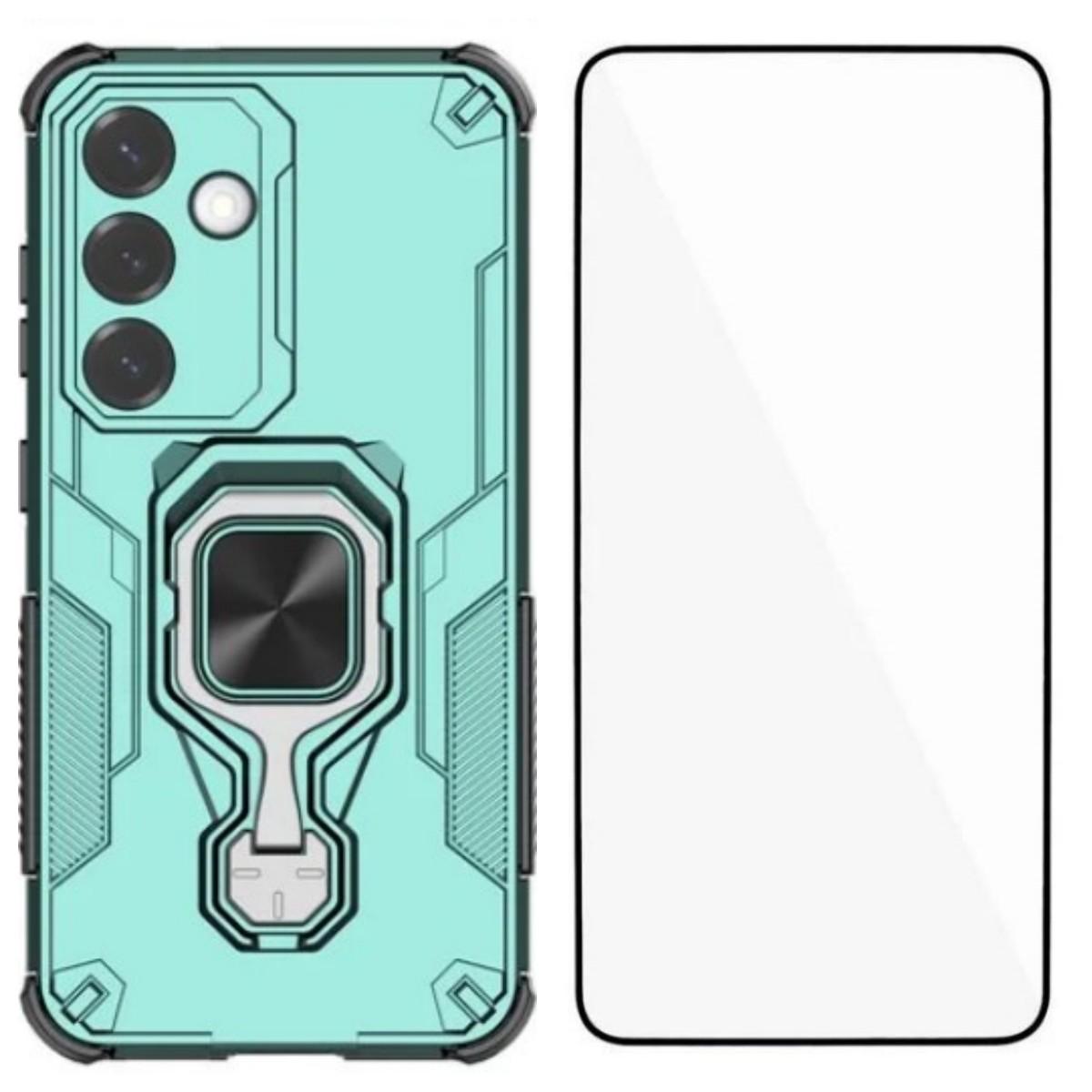 

For Samsung Galaxy S25+ Phone Case WANLONFENG PC TPU Back Cover Kickstand with Tempered Glass Green