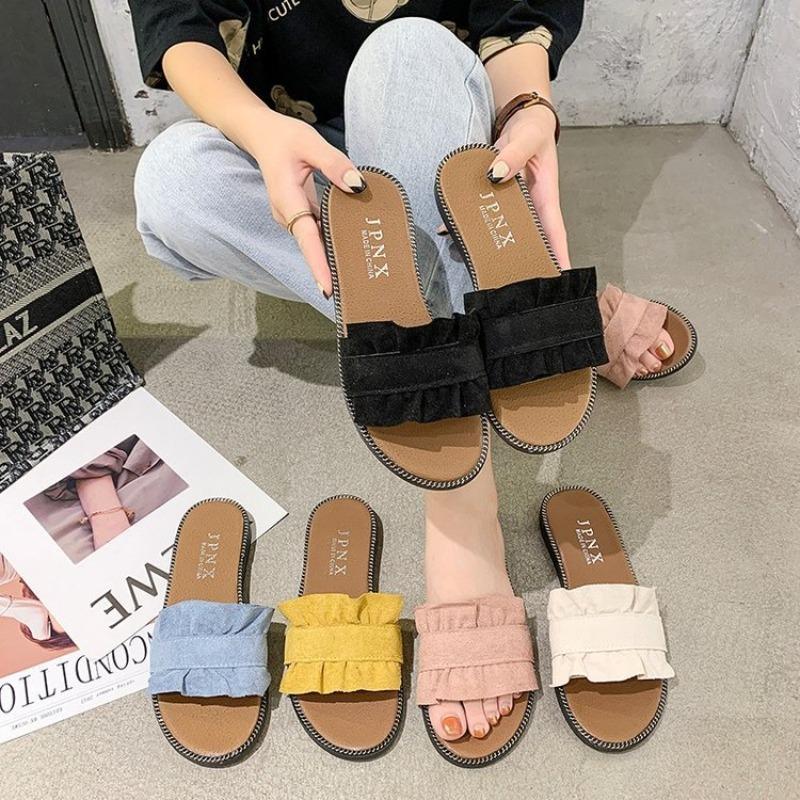Spring and summer new lace one-word slippers flat heel casual women's sandals women's shoes student flat beach shoes