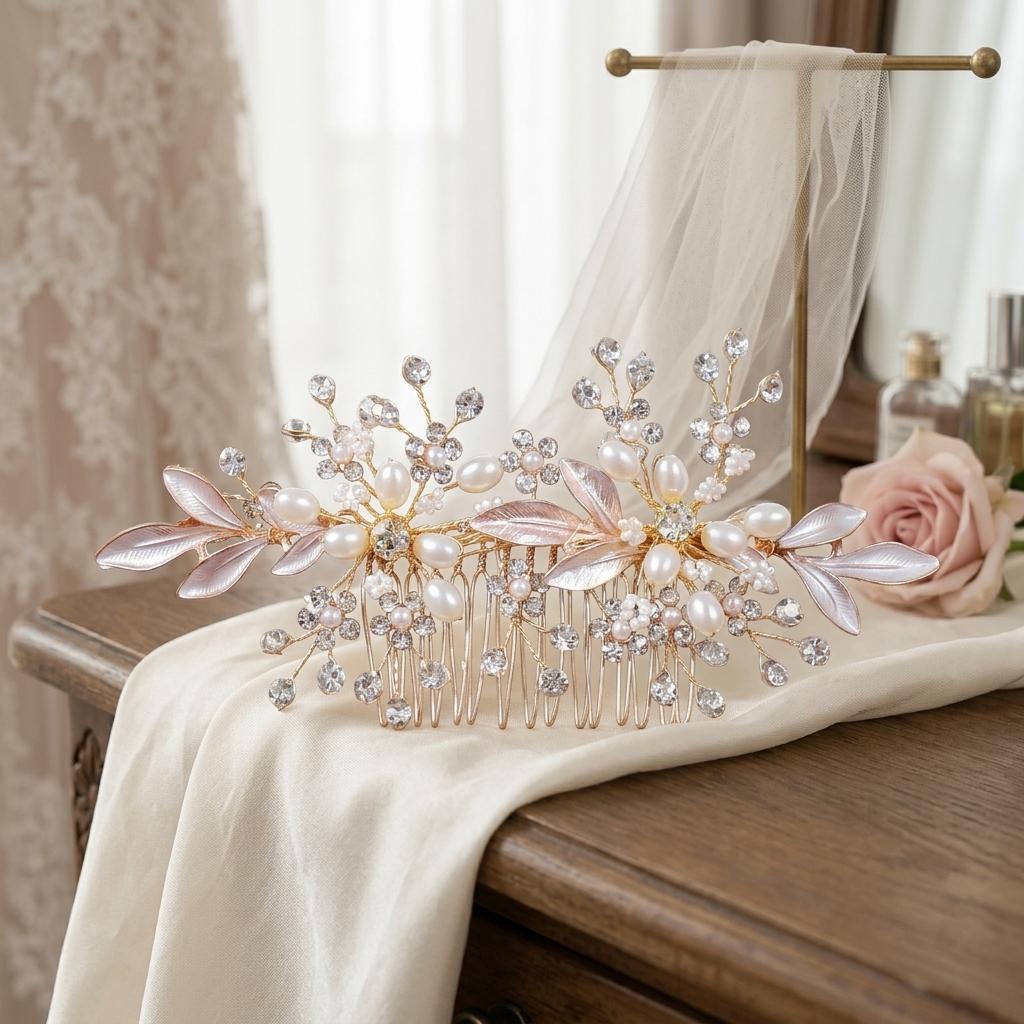 Pearl Leaf Hair Comb Alloy Base With Hand-made Decoration For Wedding
