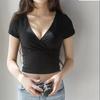 Women's Solid Color V-Neck Summer T-Shirt Sexy Cropped Casual TopStretchy Slim Fit Short Sleeve Blouse for Streetwear & Daily Outfits