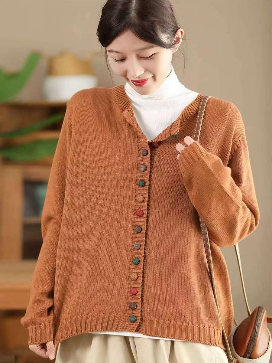 Johnature Женский зимний модный свитер с круглым вырезом и длинными рукавами однотонный однобортный свободный свитер One Size оранжевый 3255₽