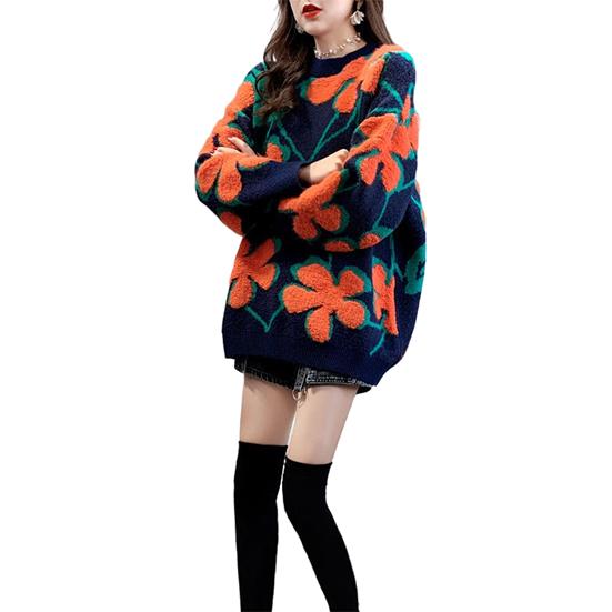 

Женский зимний свитер с круглым воротником и цветочным узором, женский осенний свитер большого размера, уличный, свободный, теплый, универсальный вязаный пуловер XXL