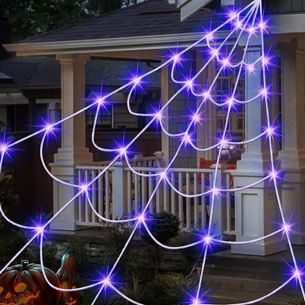 Haunted House Props Spider Web 8 Modes LED Spider Net Halloween Spider Web String Light for Party Garden Hanging Halloween Decor