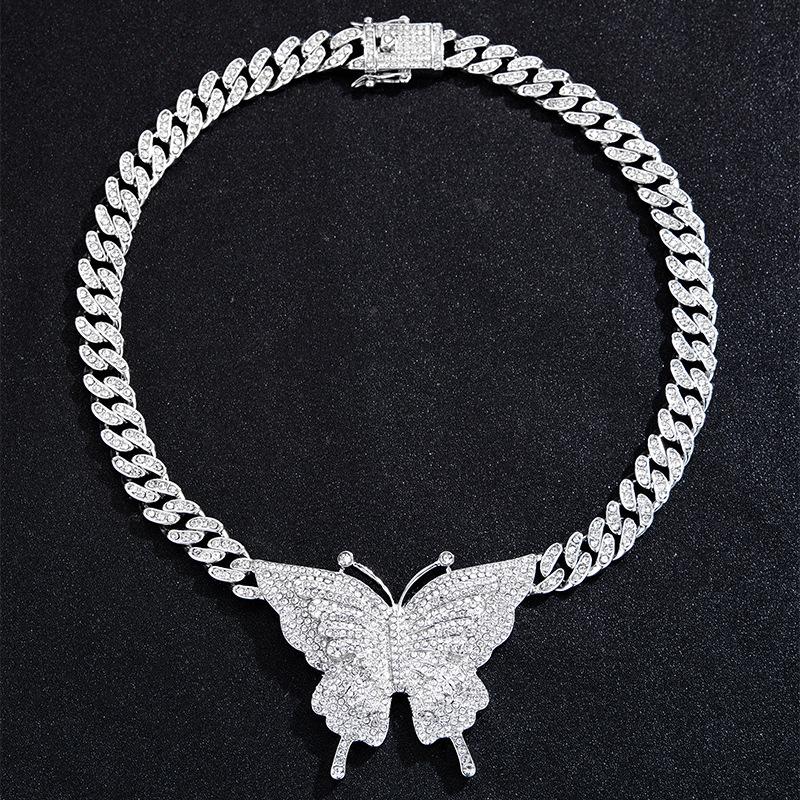 European American Hip Hop Cuban Chain Butterfly Necklace with Diamonds - Women's Trendy Style