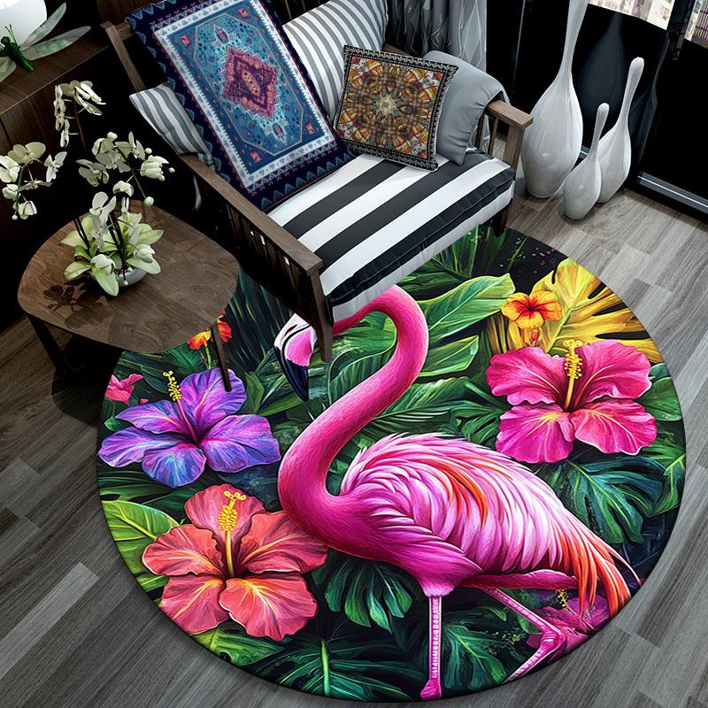 Flamingo Tropical Round Area Rug,Carpet Rug for Living Room Bedroom Sofa Playroom Decor,Non-slip Floor Mat