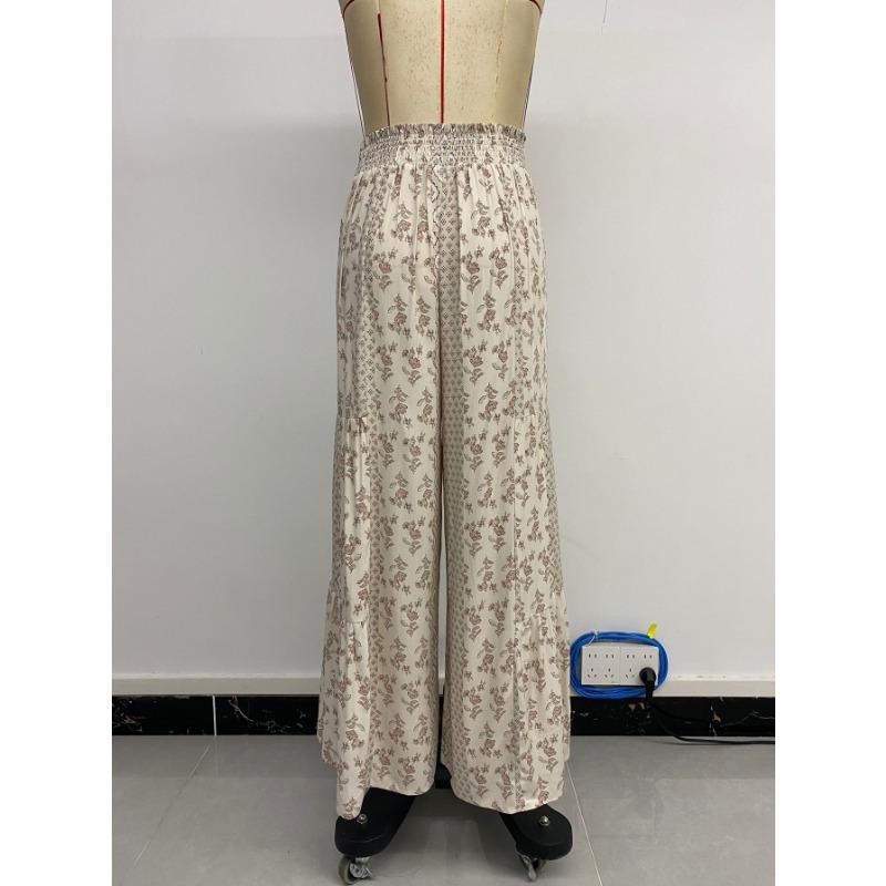 Casual Vacation Style Lace-up Geometric Floral Print Wide-leg Pants for Women