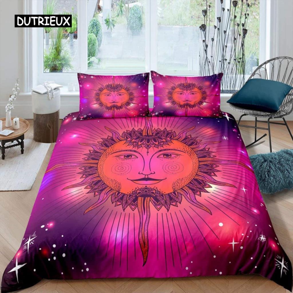 Sun Moon Duvet Cover Set Queen Microfiber Bohemian Black and White Print Yin Yang Comforter Cover Galaxy Star Twin Bedding Set