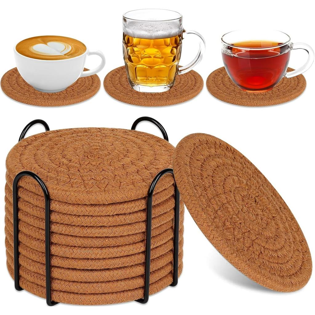 Drink Coasters with Holder, Absorbent Coasters for Coffee Table, Minimalist Cotton Woven Coaster Set for Home Decor Tabletop Protection .