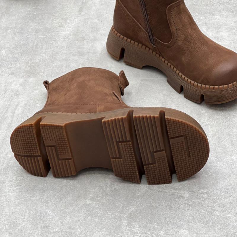 Stivaletti Corti da Donna in Vera Pelle Punta Rotonda Vera Pelle Fatto a Mano Retro Street Style Inverno Caldi Bassi Stivaletti alla Caviglia