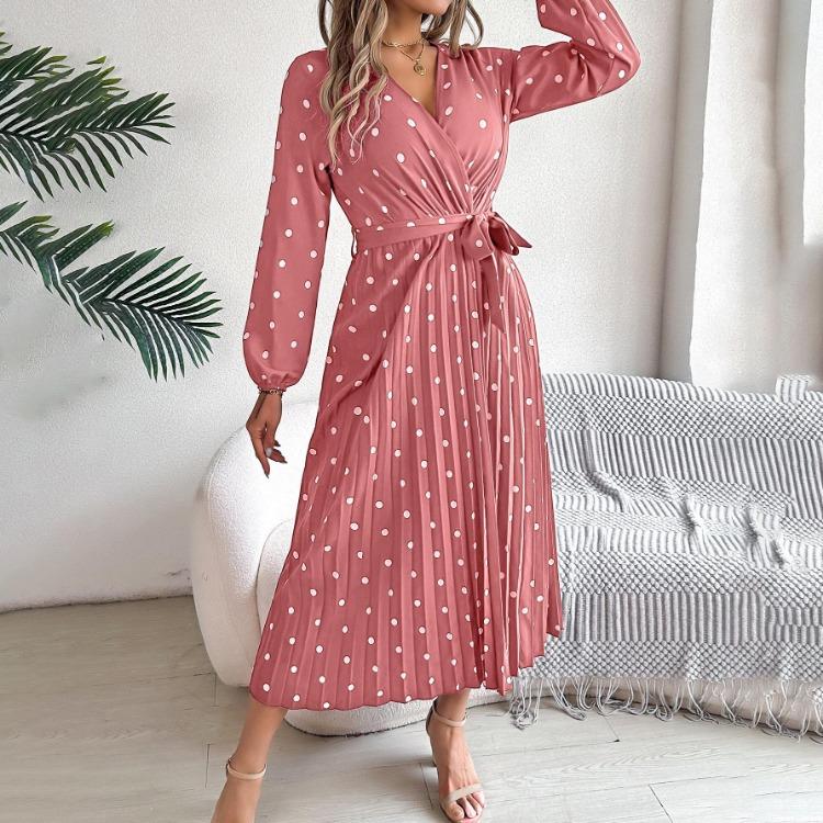 Women Long Sleeve A Line Long Dress High Waist Dot Pleated Autumn Winter Fashion