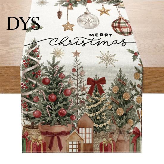 Farmhouse Table Runner Linen Christmas Runner, Winter Reindeer Santa Seasonal Home Decorations Prints, Tabletop Overlay for Holiday Dining Decor