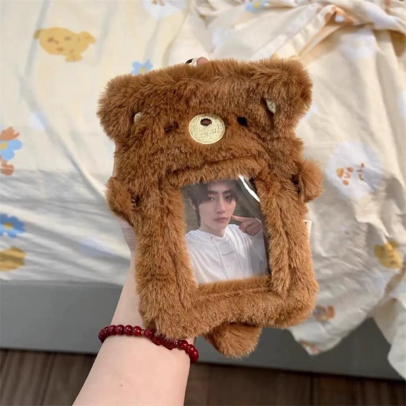 Cute Bear Plush Card Holder Idol Photo Display Card Case Keychain Pendants Bag Ornaments Girly Backpack Charm Kids Birthday Gift
