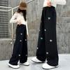 Girls Retro Black Embroidered Bow Embroidered Wide-legged Trousers High Waist Straight Tube Show Thin Floor Pants