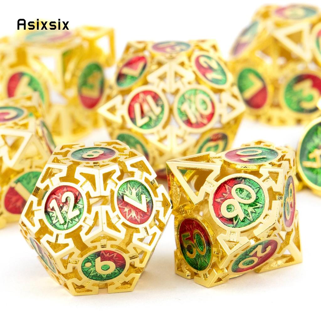 7 Pcs Golden Red Green Metal Dice Circular Hollow Metal Polyhedral Dice Set Suitable for Role-Playing RPG  Board Game Card Game