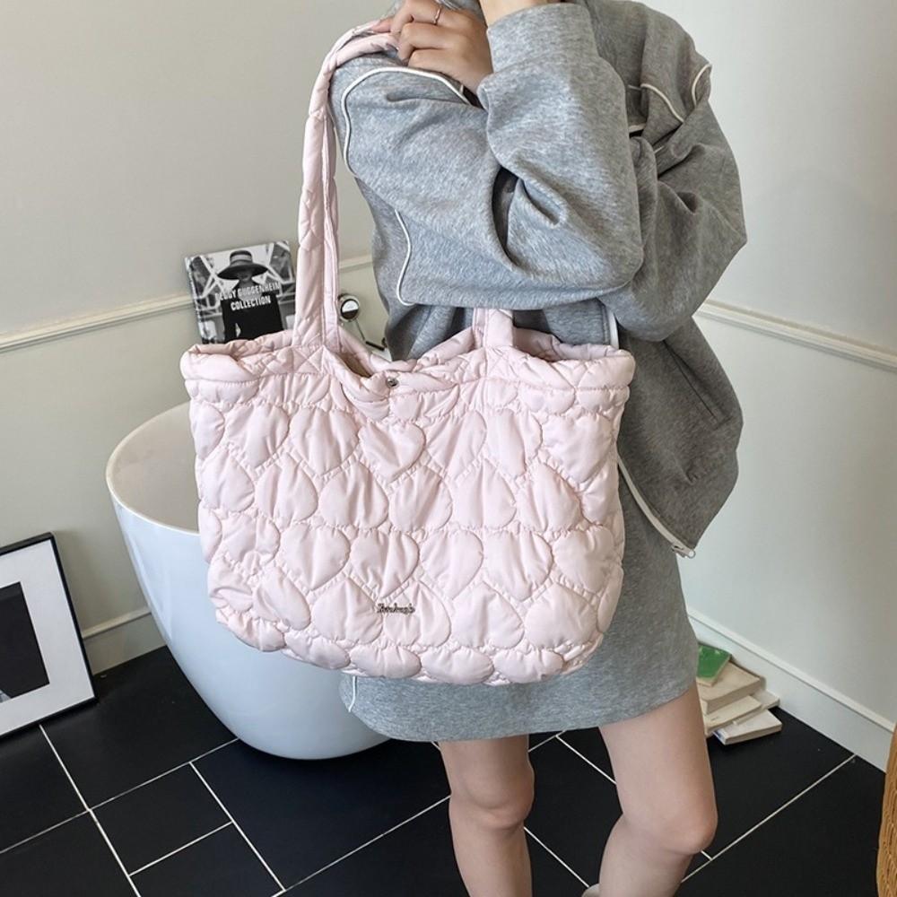 Large Capacity Puffy Tote Bag Korean Women's Handbag Elegant Quilted Heart Bag Shoulder Bag