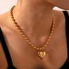 18K Gold Heart Pendant Necklace with Round Bead Chain in Titanium Steel – European & American Classic Style for Women