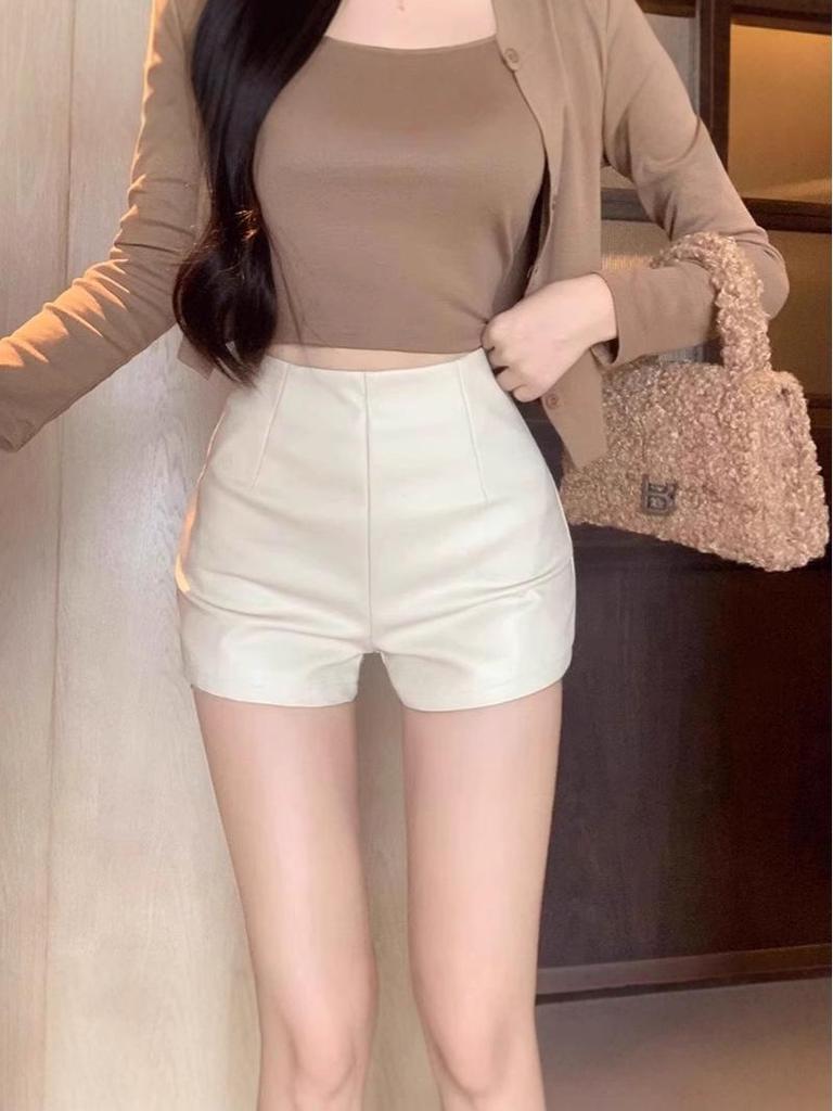 Women's 2025 High-Waist Black Leather Slimming Shorts - A-Line, Slim Fit, Casual Spring Hot Pants