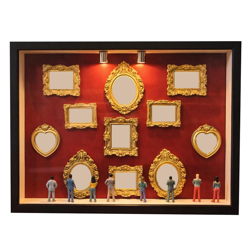 

Vintage Gold Frame Shadow Box – 3D Display Case with LED Lights & Mini People for Memory Display