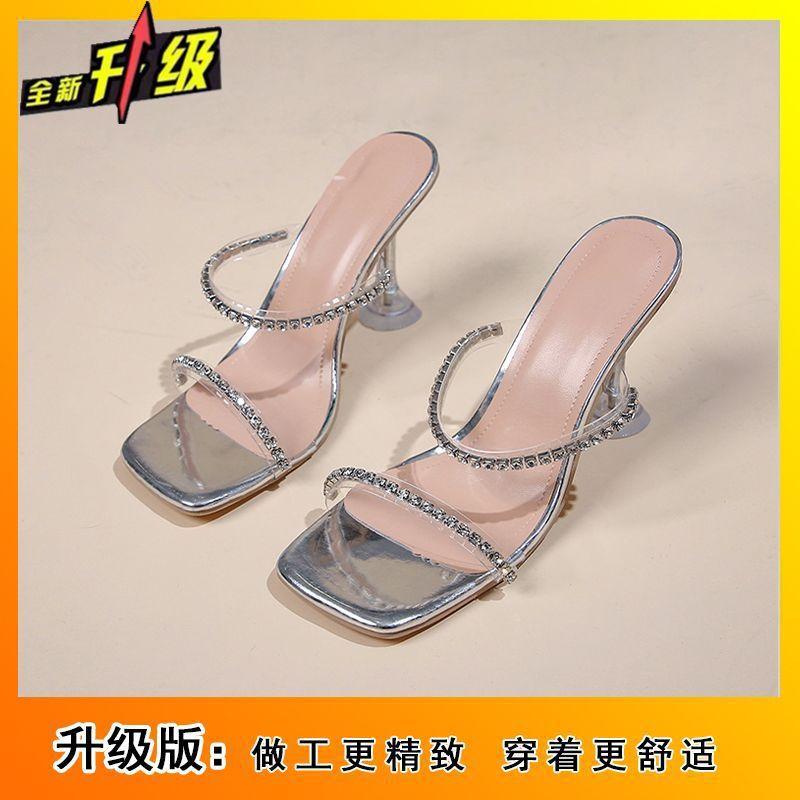 One-word strap high heels 2025 rhinestone transparent sandals open-toed fairy style square head half slippers female summer wear sandals