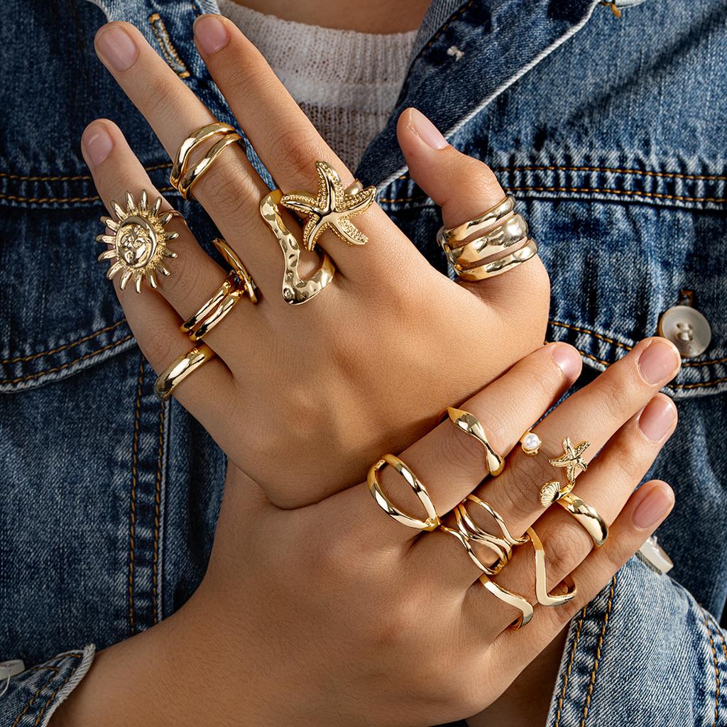 13 Pieces Punk Style Geometric Line Open Ring Multi Piece Set Sun Starfish Women's Ring Set