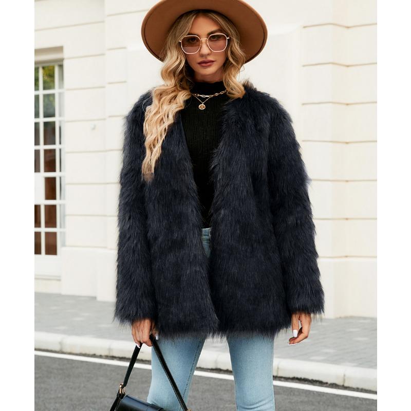 Women's Mid-Length Grey Faux Raccoon Fur Coat Open Front Warm Winter Jacket Casual Streetwear