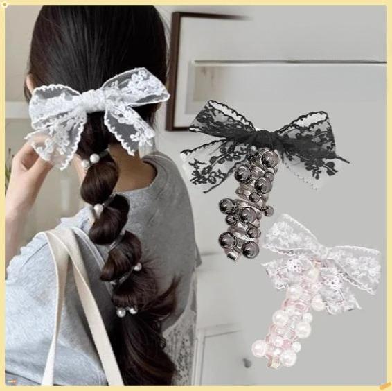 Lace Bow Bead Bubble Braid Hair Braiding Tool Elastic Hair Ties with Beads Side Ponytail Hair Ornament Styling Accessory Girls