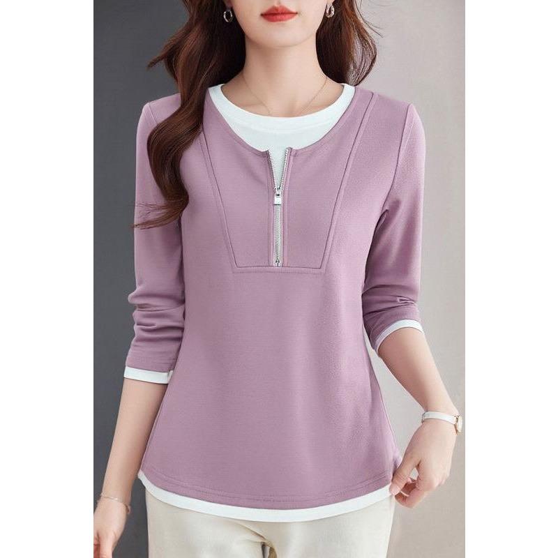 Fake Two-piece Women's Long-sleeved T-shirt Women's Autumn New Versatile Contrasting Color Stitching Round Neck Versatile Top