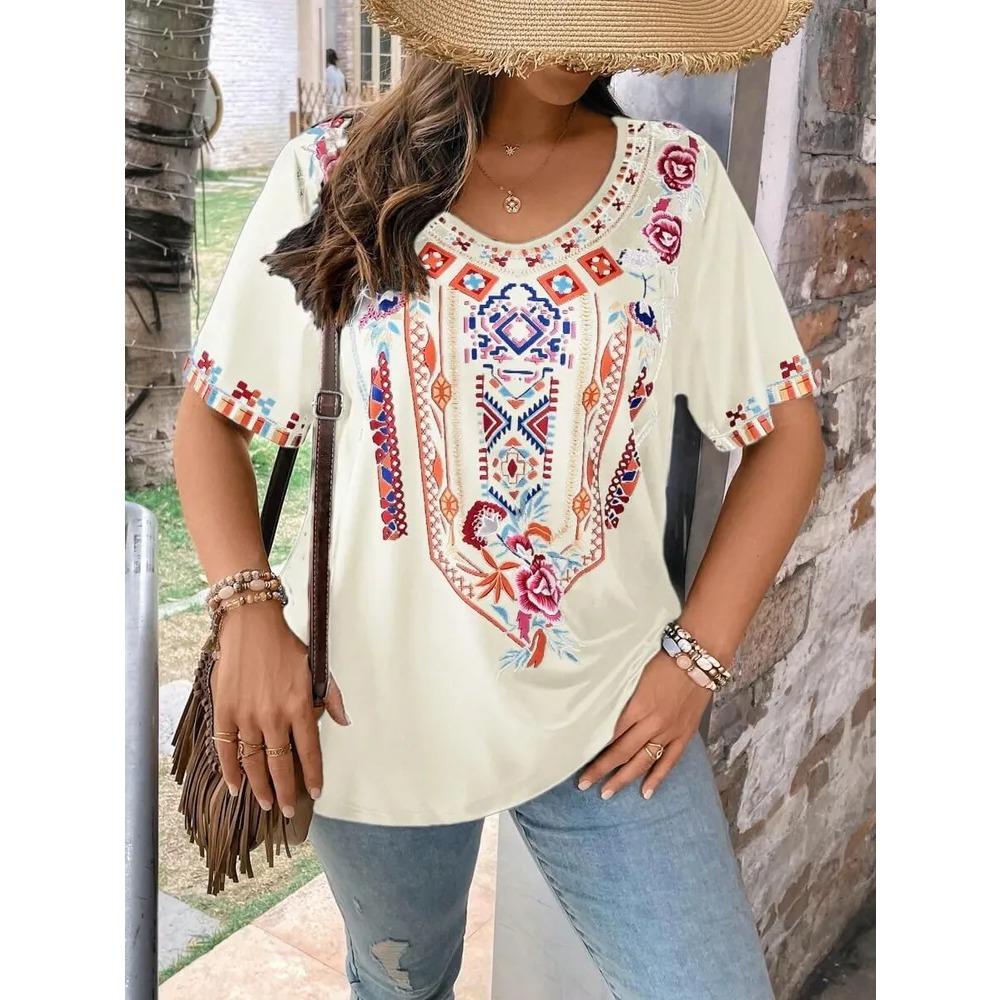 T-shirt Stampata con Fantasia Retrò alla Moda Larga a Maniche Corte Girocollo Versatile Comoda T-shirt da Donna Scollo a V