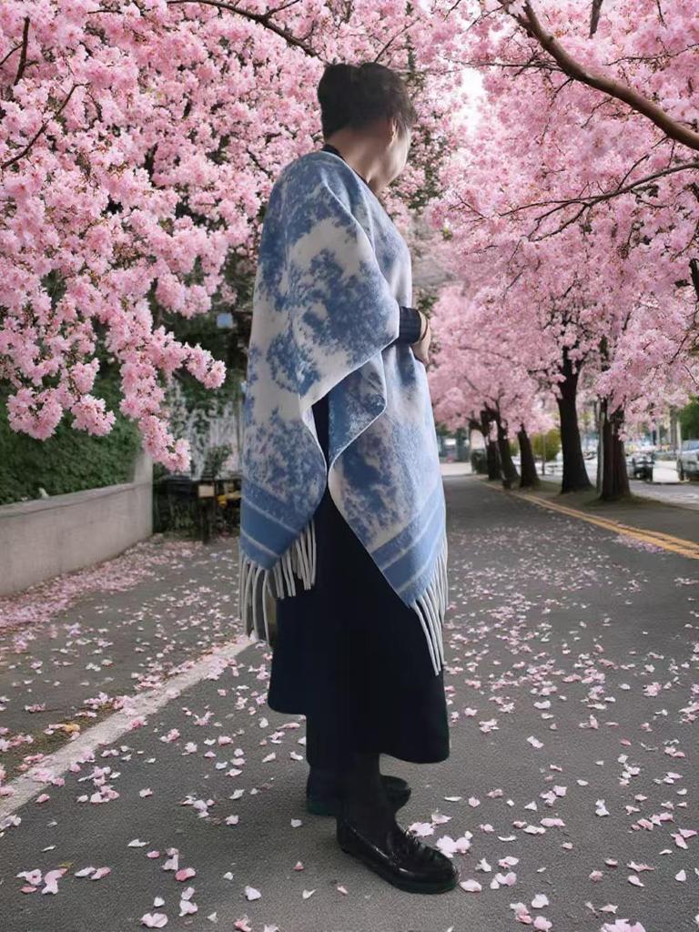 Elegant Ethnic Ink Painting Cape Shawl with Tassels - Versatile Travel Scarf Cloak