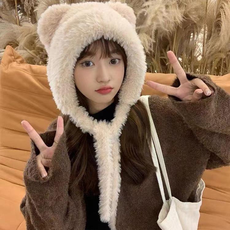 Cute Little Bear Knitted Hat for Women with Plush Thick Hat Plus Velvet Thick Ear Protection Wool Hat Cold Hat