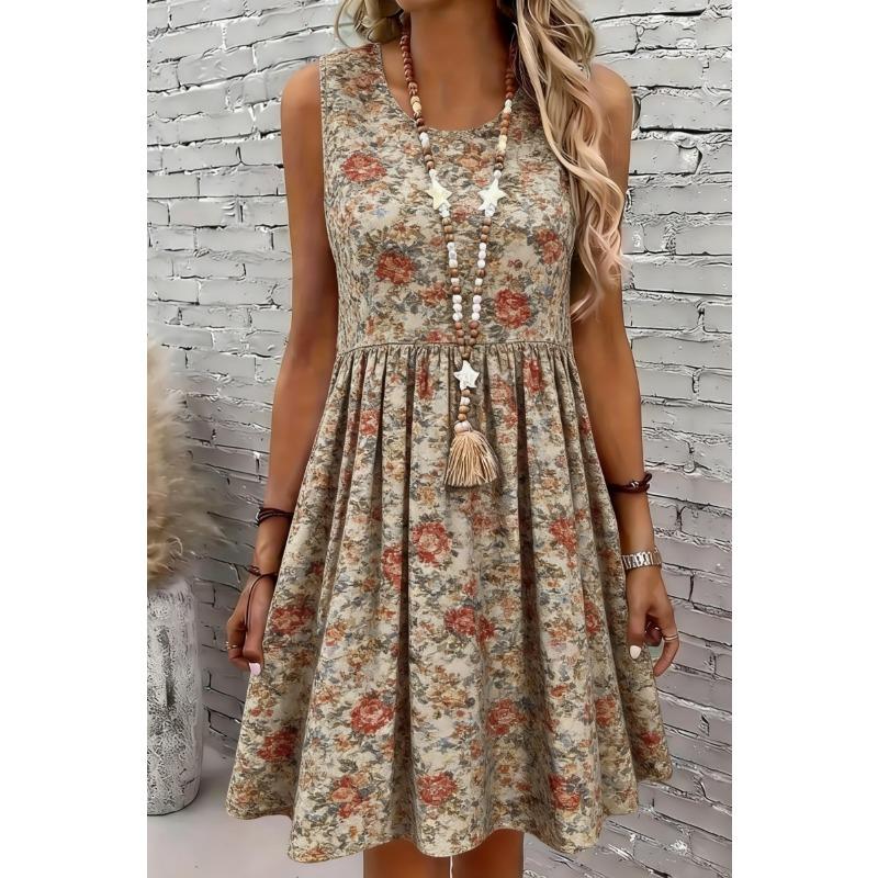 Nuevos Vestidos de Verano para Mujer Sin Mangas Vestidos de Rodilla Cuello Redondo Vestidos Casuales para Vacaciones en la Playa Vestidos de Mujer con Estampado Floral