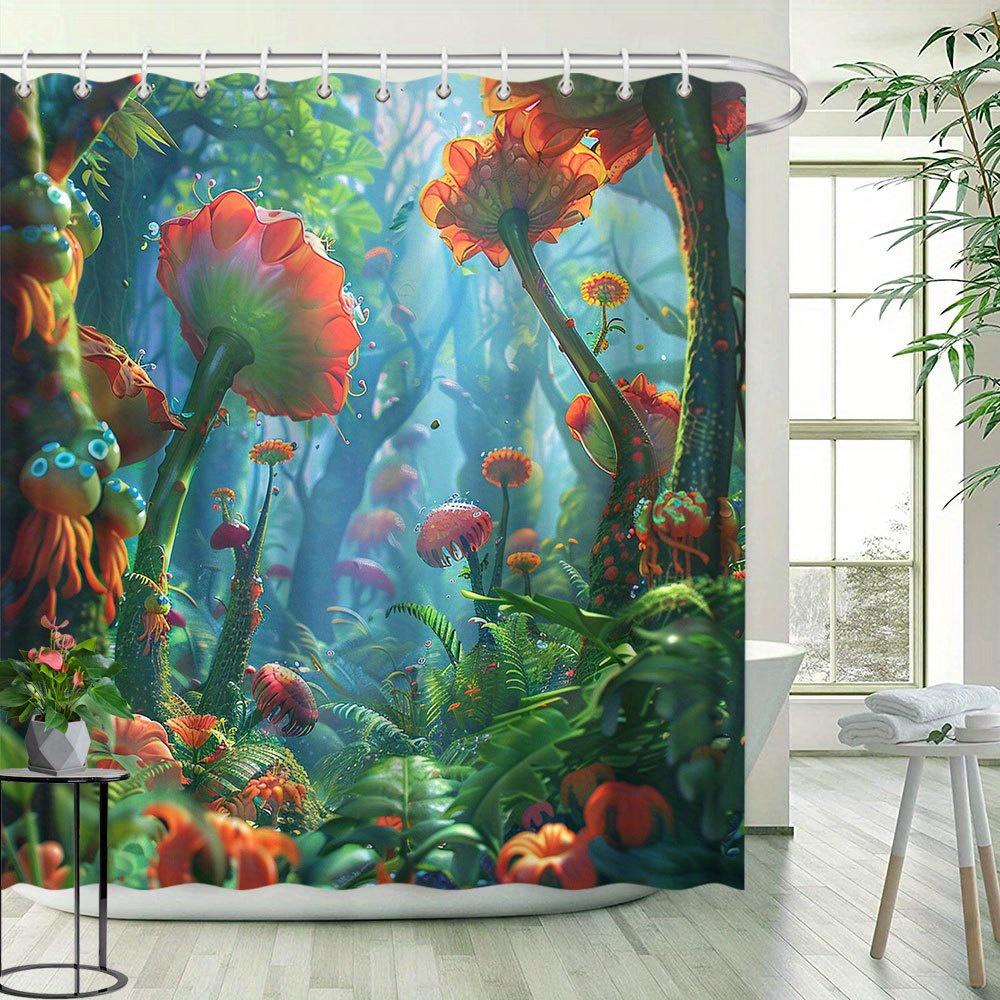 Flora & Fauna Duschvorhang - Tropische Dschungelfantasie, 3D HD Naturszenerie, Mittelalterlicher Stil,Polyesterstoff,Inklusive 12 Haken